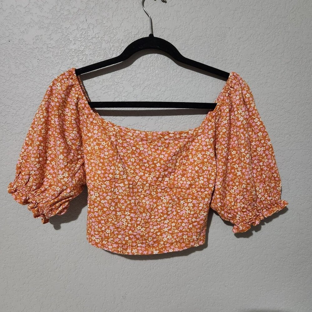 Billabong Floral Crop Top Smocked Balloon Sleeve Boho Romantic Feminine S/M